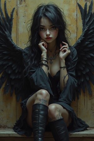 Emo sexy girl sitting on steps against a background of angel wings graffiti like she has", hyper-realistic photography by Marie Angel, tumblr, gothic art, black metal style, with two pairs of wings, cute face. dark fantasy, post-apocalyptic vibe, Mona Lisa as a sexy goth girl, full body, detailed face, pic, professional photography] --ar 9:16