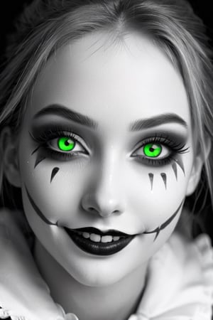 Black and white vintage close-up photo of a girl with glowing green eyes and clown makeup, by Artgerm, anime cgi style, creepypasta, about to devour you, mischievous smile, creepy pose, kabuki makeup, yume nikki, hyperreal render, [[grinning evily]], anigirl batman, lori earley, noire