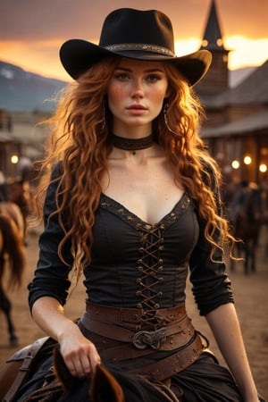1 girl, beautiful 24 year old Celtic bandit, in an 1800s old west town, sunset, black stetson, black clothes,( on horse, )braids, horses, (ginger hair:1.6),(absurdly long hair:1.8), shiny hair, glossy hair,, (freckles:1.4), atmospheric, ultra detailed, hyper realistic, (depth of field), bokeh, HairDetail, great lighting,Eye-catching sunset
