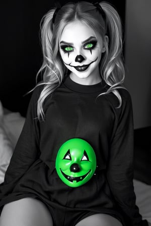 Black and white vintage full body photo of a  girl with glowing green eyes and clown makeup, by Artgerm, anime cgi style, creepypasta, about to devour you, mischievous smile, creepy pose, kabuki makeup, yume nikki, hyperreal render, [[grinning evily]], anigirl batman, lori earley, noire,Vanessa,full body