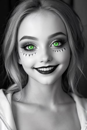 Black and white vintage uper body photo of a young girl with glowing green eyes and clown makeup, by Artgerm, anime cgi style, creepypasta, about to devour you, mischievous smile, creepy pose, kabuki makeup, yume nikki, hyperreal render, [[grinning evily]], anigirl batman, lori earley, noire,Vanessa,full body