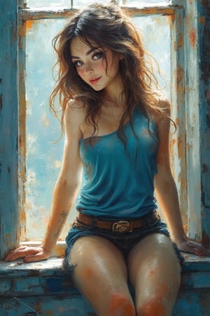 oil painting of a girl in a blue top and brown leather belt, sitting on the window sill with wet hair and a beautiful face, in the style of Daniel Gerhartz. The painting has a fantasy art style with impressionist and grunge elements, soft light, and pastel colors. The palette knife technique was used to create the oil paint texture with high detail. 