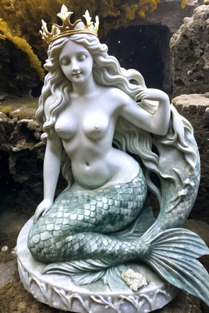 mermaid made of marble, golden crown, ancient underwater ruins