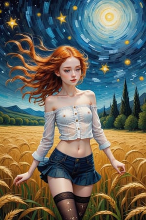 fine art, oil painting, two parts in one art, double exposure, best quality, dark tales,
close up cute detailed ginger-haired 16 year old sexy girl,
shuffle dancing in the rye field under Van Gogh starry sky,
forest, detailed face, dynamic erotic pose, ( small breast:1.3), (slim figure:1.3), (strapless stockings:1.4), (open white shirt:1.5),
Craola, Dan Mumford, Andy Kehoe, open eyes, flat, cute, adorable, vintage, art on a cracked paper, , patchwork, stained glass, fairytale, storybook detailed illustration, cinematic, ultra highly detailed, tiny details, beautiful details, mystical, luminism , vibrant colors, complex background, 