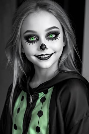 Black and white vintage full body photo of a young girl with glowing green eyes and clown makeup, by Artgerm, anime cgi style, creepypasta, about to devour you, mischievous smile, creepy pose, kabuki makeup, yume nikki, hyperreal render, [[grinning evily]], anigirl batman, lori earley, noire,Vanessa,full body