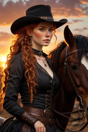 1 girl, beautiful 24 year old Celtic bandit, in an 1800s old west town, sunset, black stetson, black clothes,(( on horse), )braids, horses, (ginger hair:1.6),(absurdly long hair:1.8), shiny hair, glossy hair,, (freckles:1.4), atmospheric, ultra detailed, hyper realistic, (depth of field), bokeh, HairDetail, great lighting,Eye-catching sunset
