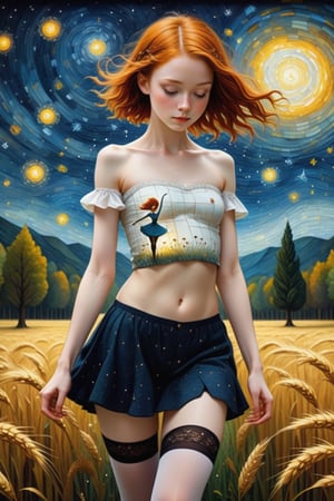 fine art, oil painting, two parts in one art, double exposure, best quality, dark tales, 
close up cute detailed ginger-haired 16 year old  sexy girl, 
shuffle dancing in the rye field under Van Gogh starry sky, 
forest, detailed face, dynamic erotic pose, (very small breast:1.3), (slim figure:1.3), (strapless stockings:1.4), (open white shirt:1.5),
Craola, Dan Mumford, Andy Kehoe, 2d, flat, cute, adorable, vintage, art on a cracked paper, patchwork, stained glass, fairytale, storybook detailed illustration, cinematic, ultra highly detailed, tiny details, beautiful details, mystical, luminism, vibrant colors, complex background,flat chested,Ballerina 