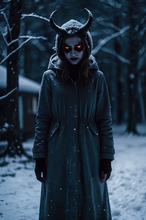  photography, a girl will transforming demon, will transforming demon, demon eyes, snow, night, creepy, scared, horrible, horror, aftereffects, sharp focus, high detail, full body