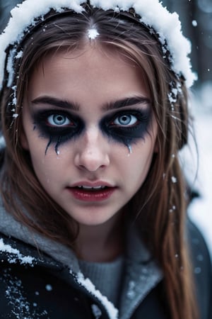  photography, a girl will transforming demon, will transforming demon, demon eyes, snow, night, creepy, scared, horrible, horror, aftereffects, sharp focus, high detail