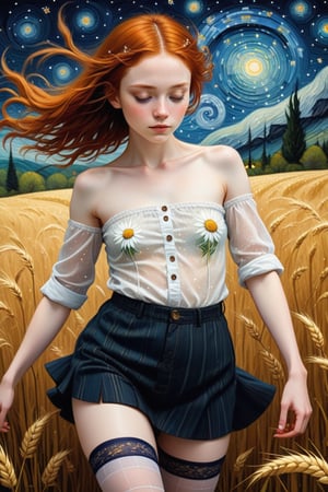 fine art, oil painting, two parts in one art, double exposure, best quality, dark tales,
close up cute detailed ginger-haired 16 year old sexy girl,
shuffle dancing in the rye field under Van Gogh starry sky,
forest, detailed face, dynamic erotic pose, ( small breast:1.3), (slim figure:1.3), (strapless stockings:1.4), (open white shirt:1.5),
Craola, Dan Mumford, Andy Kehoe, open eyes, flat, cute, adorable, vintage, art on a cracked paper, , patchwork, stained glass, fairytale, storybook detailed illustration, cinematic, ultra highly detailed, tiny details, beautiful details, mystical, luminism , vibrant colors, complex background, 