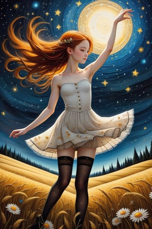 fine art, oil painting, two parts in one art, double exposure, best quality, dark tales, 
close up cute detailed ginger-haired 16 year old  girl, 
shuffle dancing in the rye field under Van Gogh starry sky, 
forest, detailed face, dynamic pose, (very small breast:1.3), (slim figure:1.3), (strapless stockings:1.4), (open white shirt:1.5),
Craola, Dan Mumford, Andy Kehoe, 2d, flat, cute, adorable, vintage, art on a cracked paper, patchwork, stained glass, fairytale, storybook detailed illustration, cinematic, ultra highly detailed, tiny details, beautiful details, mystical, luminism, vibrant colors, complex background,flat chested,Ballerina 