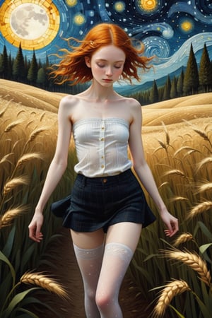 fine art, oil painting, two parts in one art, double exposure, best quality, dark tales,
close up cute detailed ginger-haired 16 year old sexy girl,
shuffle dancing in the rye field under Van Gogh starry sky,
forest, detailed face, dynamic erotic pose, ( small breast:1.3), (slim figure:1.3), (strapless stockings:1.4), (open white shirt:1.5),
Craola, Dan Mumford, Andy Kehoe, open eyes, flat, cute, adorable, vintage, art on a cracked paper, , patchwork, stained glass, fairytale, storybook detailed illustration, cinematic, ultra highly detailed, tiny details, beautiful details, mystical, luminism , vibrant colors, complex background, 