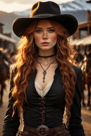 1 girl, beautiful 24 year old Celtic bandit, in an 1800s old west town, sunset, black stetson, black clothes, braids, horses, (ginger hair:1.6),(absurdly long hair:1.8), shiny hair, glossy hair,, (freckles:1.4), atmospheric, ultra detailed, hyper realistic, (depth of field), bokeh, HairDetail, great lighting,Eye-catching sunset