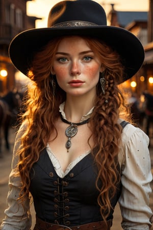 1 girl, beautiful 24 year old Celtic bandit, in an 1800s old west town, sunset, black stetson, black clothes, braids, horses, (ginger hair:1.6),(absurdly long hair:1.8), shiny hair, glossy hair,, (freckles:1.4), atmospheric, ultra detailed, hyper realistic, (depth of field), bokeh, HairDetail, great lighting,Eye-catching sunset