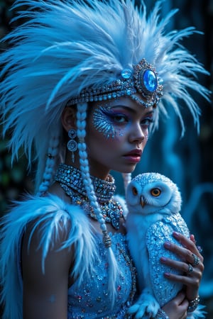 Ultimate realistic ,Girl in feather headdress holding a baby a owl, standing in front of a waterfall, trending on cg society, fantasy art, glowing sparkling crystals, white braids, blue jewelry, ethereal lighting ,(( sexy, eros,)) profile picture, glowing white neon eyes, white cyan covered in jewels, girl with feathers, neon owl, shimmering and spiral nubella, azure. detailed hair 