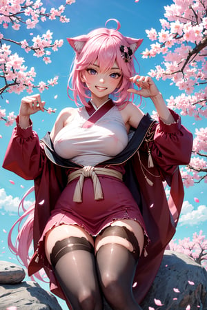 (masterpiece, top quality, best quality, official art, beautiful and aesthetic:1.2), (1girl), extreme detailed,(fractal art:1.3),colorful,highest detailed,ppcp,r1ge, sakura, cherry_blossoms, pink kimono, short dress, big_boobies, Animé, sakura, kimono,NyatashaNyanners, medium_breasts, naked_thighhighs, sitting_down on a rock, evil grin, pantyhose