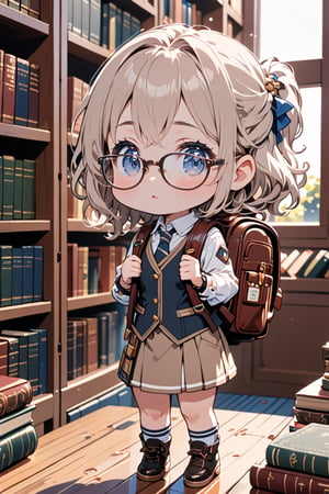 ((best quality)), (masterpiece:1.331), (super detailed), 1girl wearing glasses, solo, Clay style, vest, backpack, You could explore the story of a girl who works as a messenger in library. she encounters different intriguing characters and situations, anime, cute, AG, Eyes, petite, chibi