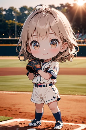 masterpiece, high quality animetion photo ,(HDR:1.2), pore and detailed, intricate detailed, graceful and beautiful textures, RAW photo, 16K, vibrant color, cinematic lighting, warm tone, (bokeh:1.1), (Chibi character theme:1.2), on the baseball field, ((5yo cute-girl), large eyes, light-brown short hair, smiling, large eyes, wearing baseball uniform,action pose,chibi emote style, (masterpiece:1.2)
