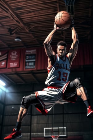masterpiece, best quality (detailed face, detailed skin texture, (cinematic light: 1.1),extremely detailed CG, unity 8k wallpaper, ultra Detailed,perfect Fingers,High detailed,Clean face,3DMM,perfecteyes,High detail,1 Male in the air,throwing Basketball,basketball Background, Bulls Jersey,Red and black Basketball Jersey, black skin,