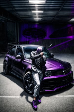 Masterpiece,Clean face,perfecteyes,No face, White and purple Outfit,Mafia, Gangster,Dollars,Green money,High detailed ,Sport car, Nike 