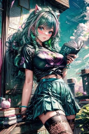 Clean face,Masterpiece,1girl,blue Sky Background,green with White Hair,tight pink T-shirt,reading a book in her hand,
Magical Background,fishnet legwear, flying cute pigs,Green skirt,huge boobs,a Lot of books,venusbody,(hlfcol haired girl with color1 and col)
