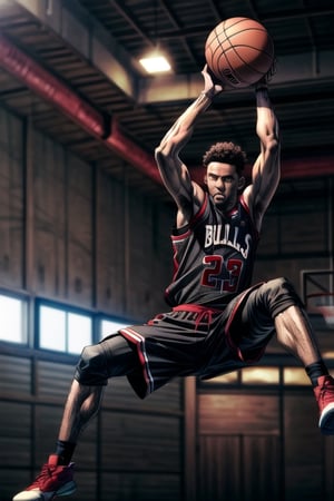masterpiece, best quality (detailed face, detailed skin texture, (cinematic light: 1.1),extremely detailed CG, unity 8k wallpaper, ultra Detailed,perfect Fingers,High detailed,Clean face,3DMM,perfecteyes,High detail,1 Male flying,throwing Basketball,basketball Background, Bulls Jersey,Red and black Basketball Jersey, black skin Basketballplayer,blackt pants,