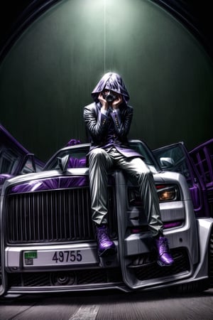 Masterpiece,Clean face,perfecteyes,No face, White and purple Outfit,Mafia, Gangster,Dollars,Green money,High detailed ,Color magic,Safe,bank,