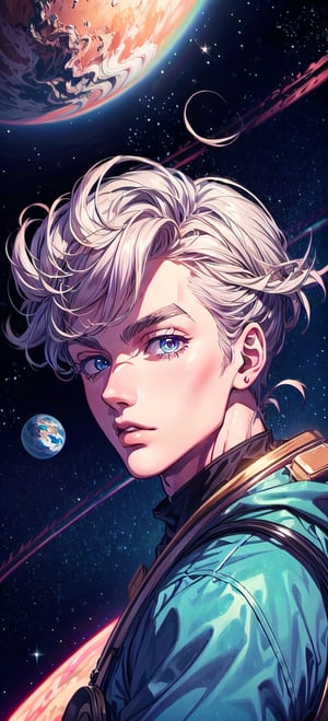 ,cosmic_background,Stars, Background,blue_lights_background,pink_lights_background,planets_backround,Wind,looking_to_viewer, in space,1boy,Male,man,male_face
