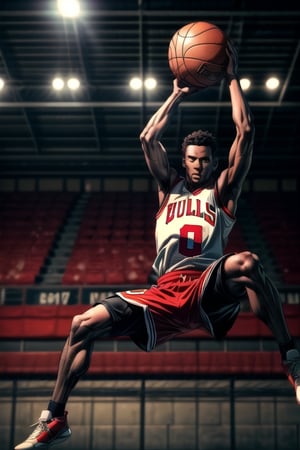 masterpiece, best quality (detailed face, detailed skin texture, (cinematic light: 1.1),extremely detailed CG, unity 8k wallpaper, ultra Detailed,perfect Fingers,High detailed,Clean face,3DMM,perfecteyes,High detail,1 Male, high JUMP,throwing Basketball,basketball Arena Background, black Jersey,Red jersey, black skin, Basketball Bulls jersey,Red color Sneaker,number 7 jersey,bright Lights,