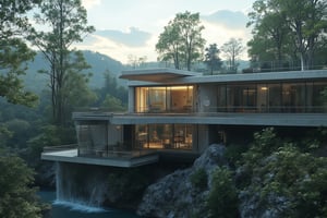 a modern home with clean look ,morning lighting  ,multi story house in forest   
  ,modern design  , detailed morning lighting in background , detailed beach in background,noc-futuristic,4k,8k,16k,32k high resolution