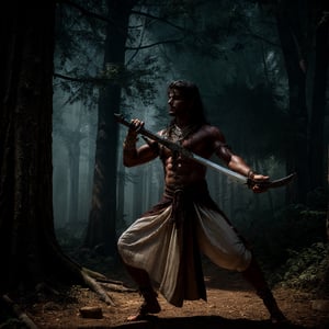 solo, long black wavy hair, 1indian boy, holding sword , standing, full body, weapon sword , male focus, outdoors, day, pants, holding weapon sword  , tree, traditional style white indian red dhoti , lean muscular, long  wavy hair, pectorals, nature, forest, sword \(weapon\), realistic, sword  \(projectile\), manly, chest hair, quiver,Portrait ,gold jewellary,manly face, golden crown

