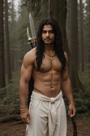 solo, long black wavy hair, 1indian boy, holding bow , standing, full body, weapon bow , male focus, outdoors, day, pants, holding weapon bow , tree, traditional style white indian dhoti , lean muscular, long  wavy hair, pectorals, nature, forest, bow \(weapon\), realistic, arrow \(projectile\), manly, chest hair, quiver,Portrait ,gold jewellary