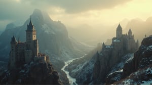 A sweeping panoramic vista unfolds, showcasing the mystical Seven Kingdoms of Westeros. Medieval castles rise majestically into the distance, their rugged terrains cloaked in a wintry veil of misty gray. The air is heavy with the promise of darkness, as intricate details and textures come alive under ultra-HDR's keen eye. Cinematic lighting bathes the scene in warm, golden tones, evoking the nostalgic grandeur of 1950s Game of Thrones film. In vibrant color, this super Panavision composition transports viewers to a realm of fantasy and wonder.