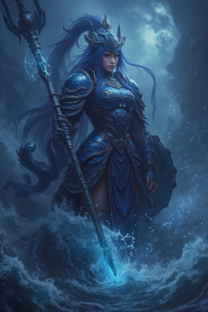 8K UHD digital painting, Gonggong, the paladin goddess, stands victorious amidst turbulent waters. Dark iron and scale armor glisten in a dimly lit, misty atmosphere. Her dragon-adorned helmet and breastplate, etched with tidal waves and serpents, reflect her dominion over oceans and rivers. A massive trident crackles with deep energy, while a shield emblazoned with roaring sea waves glows. Gonggong's dynamic pose captures her summoning a mighty tidal wave, with blue hair flowing like water behind her. The divine, water-soaked ground beneath her feet seems ready to unleash her full fury upon the battlefield.