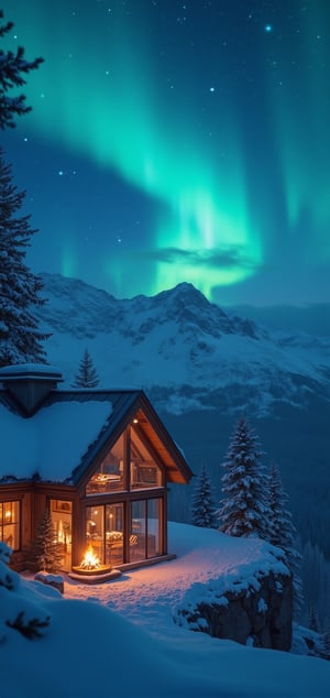 A majestic traditional glass villa perches atop a snowy mountain peak at dusk's detailed night. The camera frames the sleek façade reflecting vibrant aurora hues as northern lights dance across the sky, casting an ethereal glow on the surrounding landscape. A bone fire crackles outside, its flames illuminated by soft lanterns and wispy smoke dancing upwards. Snowflakes gently fall onto angular lines, creating a serene winter wonderland. The camera zooms in on glass walls, revealing cozy interior lit by soft lamps and roaring fire, with frosty windowsills and wispy snowflakes appearing crisp and realistic in 1080p resolution.