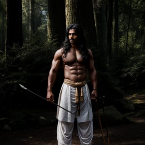 solo, long black wavy hair, 1indian boy, holding bow , standing, full body, weapon bow , male focus, outdoors, day, pants, holding weapon bow , tree, traditional style white indian dhoti , lean muscular, long  wavy hair, pectorals, nature, forest, bow \(weapon\), realistic, arrow \(projectile\), manly, chest hair, quiver,Portrait ,gold jewellary