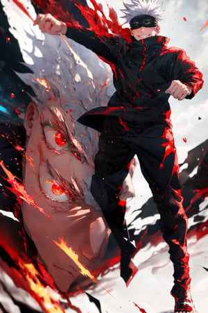 full body, focus straight_shota, Gojo Satoru, black jacket, blindfolded, Jujutsu kaisen, mix of fantasy and realism, special effects, fantasy, ultra hd, hdr, 4k, realhands, neutral smile face, perfect,red eyes,red eyes,gojou satoru,red eyes,4rmorbre4k