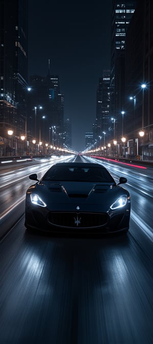 Maserati supercar accelerates down deserted midnight highway, logo gleaming with precision under darkened cityscape. Dynamic wide-angle shot captures towering skyscrapers and bustling streets, urban landscape contrasting with twinkling city lights like diamonds against the blackness of night. Extreme realism showcases every curve and line of the vehicle as it speeds by at breakneck pace.