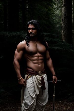 solo, long black wavy hair, 1indian boy, holding bow , standing, full body, weapon bow , male focus, outdoors, day, pants, holding weapon bow , tree, traditional style white indian dhoti , lean muscular, long  wavy hair, pectorals, nature, forest, bow \(weapon\), realistic, arrow \(projectile\), manly, chest hair, quiver,Portrait ,gold jewellary