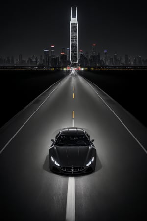 Maserati supercar accelerates down deserted midnight highway, logo gleaming with precision under darkened cityscape. Dynamic wide-angle shot captures towering skyscrapers and bustling streets, urban landscape contrasting with twinkling city lights like diamonds against the blackness of night. Extreme realism showcases every curve and line of the vehicle as it speeds by at breakneck pace.