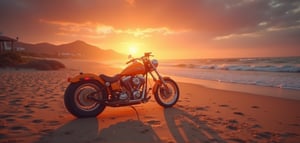 Sunset Sands: A vivid 1950's scene unfolds before us. A modified motorcycle, gleaming in the warm light of a picturesque Dutch-angle view, stands majestically on the sandy shore. The beach, with its fine grains and scattered shells, stretches out invitingly towards the horizon. The sky above is ablaze with hues of orange, pink, and purple as the sun dips below the frame, casting a golden glow over the entire scene. A tranquil atmosphere prevails, with gentle waves lapping at the shore, creating a soothing melody that harmonizes with the distant hum of the motorcycle's engine. (32k)