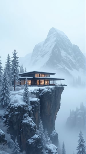 A breathtaking 1080p image of a modern house perched precariously on the edge of a towering snow-capped mountain. The sleek, contemporary abode stands out against the pure white backdrop, its angular lines and gleaming windows reflecting the crisp mountain air. Snow-covered trees dot the landscape below, their branches etched in fine detail as the house's roof glistens with frost.