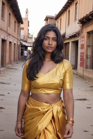 low quality old photo, indain 1girl as dirty beggar, 170cm height, long black hair ,wearing  Torn old indian muddy white saree, deep clevage , front facing, walking towards viewer, backstreet indian slums as background, fierce look, low angle, no makeup, barefaced, freckles,  black hair, wearing old cheap  saree, rugged faded muddy torn saree,  indian beauty style, frontlight,Brown tone Beauty,Mallu girl,Indian