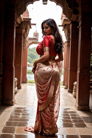 ultra hd , realistic image , 32k ,4k ,8k, life like image, full body image beautiful indian mature traditional  aunty,beautiful  aunty wearing sindoor and mangal sutra , she is wearing satin silk red saree, she is merried and her age is near 38 year old, (her body is curvy + thick +plump , big boobs + big ass , curvey and hourglass shape with large saggy 36 D  boobs)1.9, her body white, her body white, tradetional indian aunty in satin silk red saree ,  perfect body , detailed image ,realistic skin texture , sharp image ,extremely detailed image , perfect face , perfect plump body anatomy, detailed skin, detailed  face , realistic skin textured , perfect indian married woman , extreamly perfect image,standing in rain, rain in back ground,Saree,
