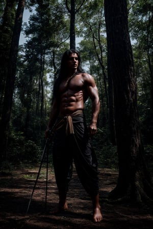 solo, long black hair, 1indian boy, holding, standing, full body, weapon, male focus, outdoors, day, pants, holding weapon, tree, traditional dhoti , muscular, long  hair, pectorals, nature, forest, bow \(weapon\), realistic, arrow \(projectile\), manly, chest hair, quiver
