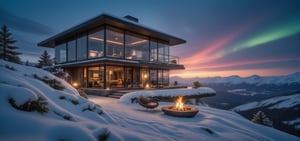 A majestic modern glass villa sits atop a snowy mountain peak at dusk's detailed night. Framed by the camera, the villa's sleek façade reflects vibrant aurora hues as red northern lights dance across the sky, casting an ethereal glow on the surrounding landscape. The camera pans to reveal the villa's foundation, where a bone fire crackles outside, its flames illuminated by soft lanterns and wispy smoke dancing upwards. Snowflakes gently fall onto angular lines, creating a serene winter wonderland. The camera zooms in on glass walls, revealing cozy interior lit by soft lamps and roaring fire, with frosty windowsills and wispy snowflakes appearing crisp and realistic in 1080p resolution.