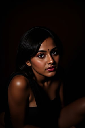 A sultry woman poses, knees up, in a dramatic dusky- lit setting. Dark black saree flows like velvet, hugging her waist, glowing with honey-like skin tone under dim light. Glassy eyes heavy-lidded, weighed down by secrets and desires. Raven-black hair cascades down back, framing face with soft texture. Blouseless saree accentuates womanly form, leaving little to imagination.