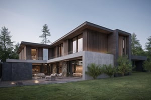 a modern home with clean look, AUTOCad image ,rander image  ,morning lighting  ,multi story house made up of woods in mountains ground    
  ,modern design  , detailed morning lighting in background , detailed mountain  in background,noc-futuristic,4k,8k,16k,32k high resolution, realistic, image from nikon camer,modernvilla