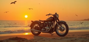 Vintage chrome gleams in the fading light of a 1950s-style sunset, as an old motorcycle stands proudly on the sandy shoreline. The camera captures the scene from a dramatic Dutch angle, emphasizing the bike's rugged individualism. Waves gently lap at the shore, while seagulls soar overhead, their silhouettes stark against the vibrant orange sky. Details of the motorbike's rusty patina and worn leather seat are meticulously rendered, as if plucked straight from a bygone era. Resolution options: 32k for an unparalleled level of realism, or scale down to 16k, 8k, or 4k for a nostalgic yet still stunning visual experience.