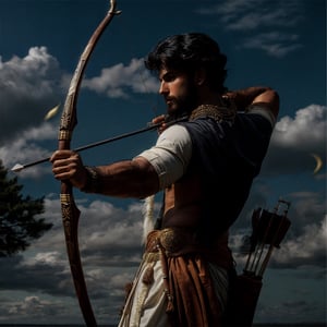 solo, long black wavy hair, 1indian boy,beard, holding bow , standing, full body, weapon bow , male focus, outdoors, day, pants, holding weapon bow , tree, traditional style white indian dhoti , lean muscular, long  wavy hair, pectorals, nature, forest, bow \(weapon\), realistic, arrow \(projectile\), manly, chest hair, quiver,Portrait ,gold jewellary,manly face,topless ,

